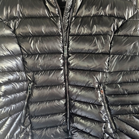 NWT Guess Shiny Black Puffer Jacket w Hoodie Pockets Full Zip 3X - Picture 2 of 15